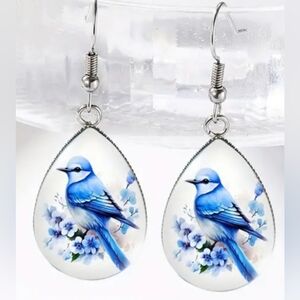Animal Print Blue Bird Teardrop Crystal Glass Gift Earrings